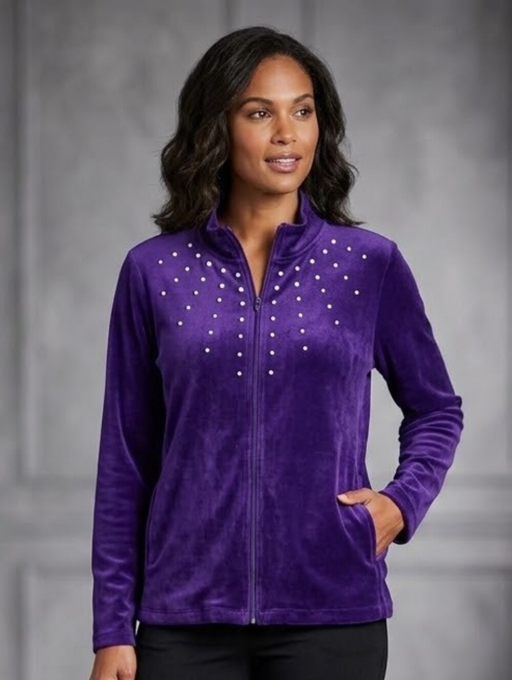 Rebecca Malone Purple Studded Zip-Front Teddy Jacket Large